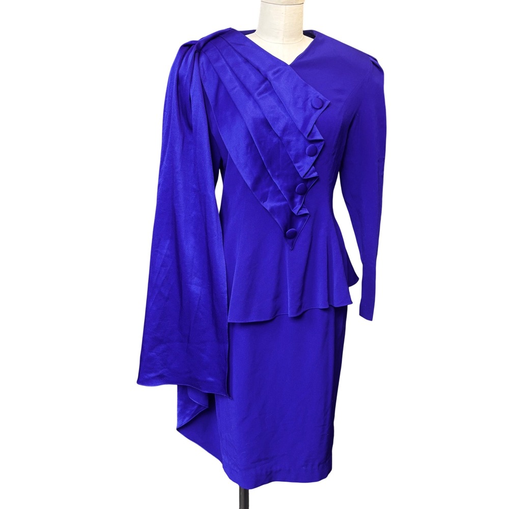 80s Neiman Marcus Royal Blue One Sleeve Draped Cape Vintage Party Cocktail Set